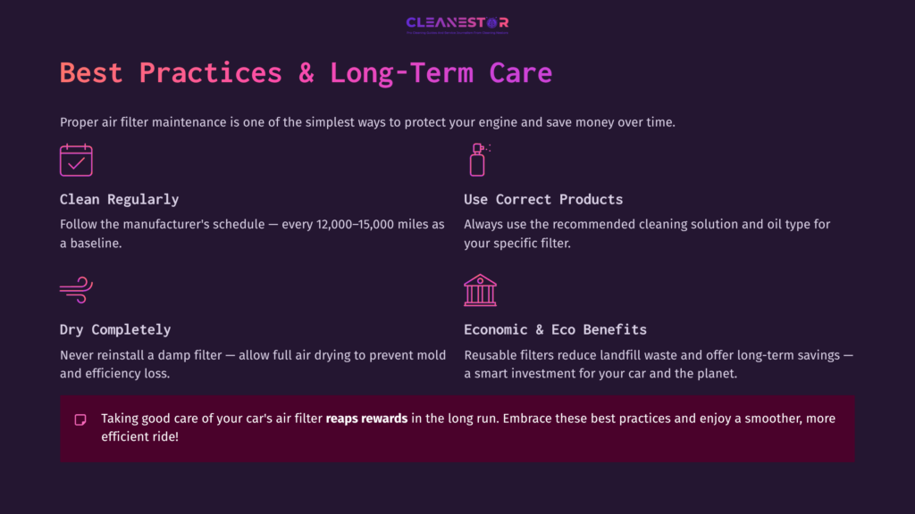 10 Best Practices And Long Term Care Text Content On A Purple Background Outlining Cleaning Tips And Benefits For Reusable Car Air Filters, Emphasizing Regular Maintenance.