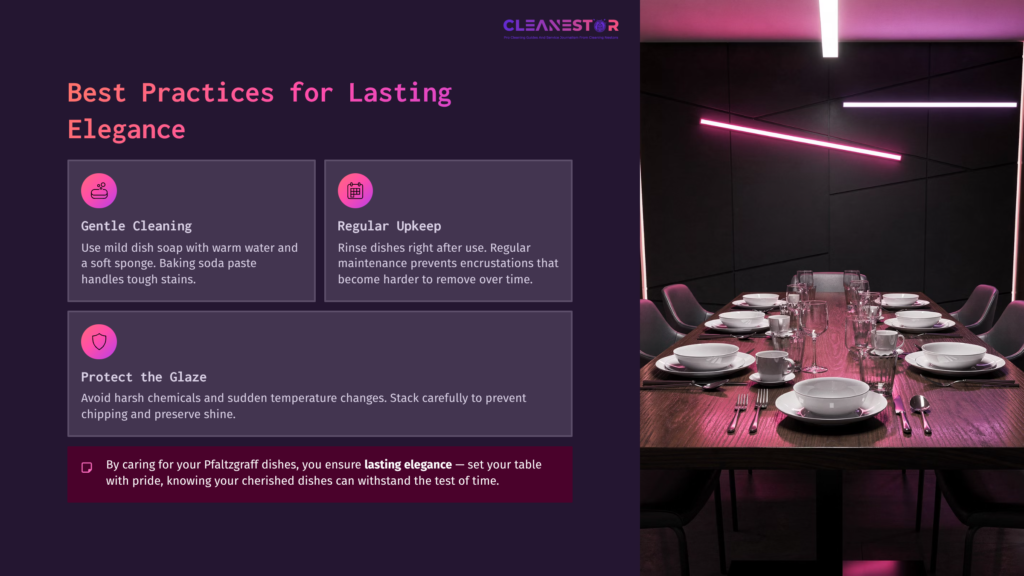 Elegant Dining Setup Featuring A Table Set With White Pfaltzgraff Dishes Under Soft Pink And Purple Lighting, Highlighting Care Tips.