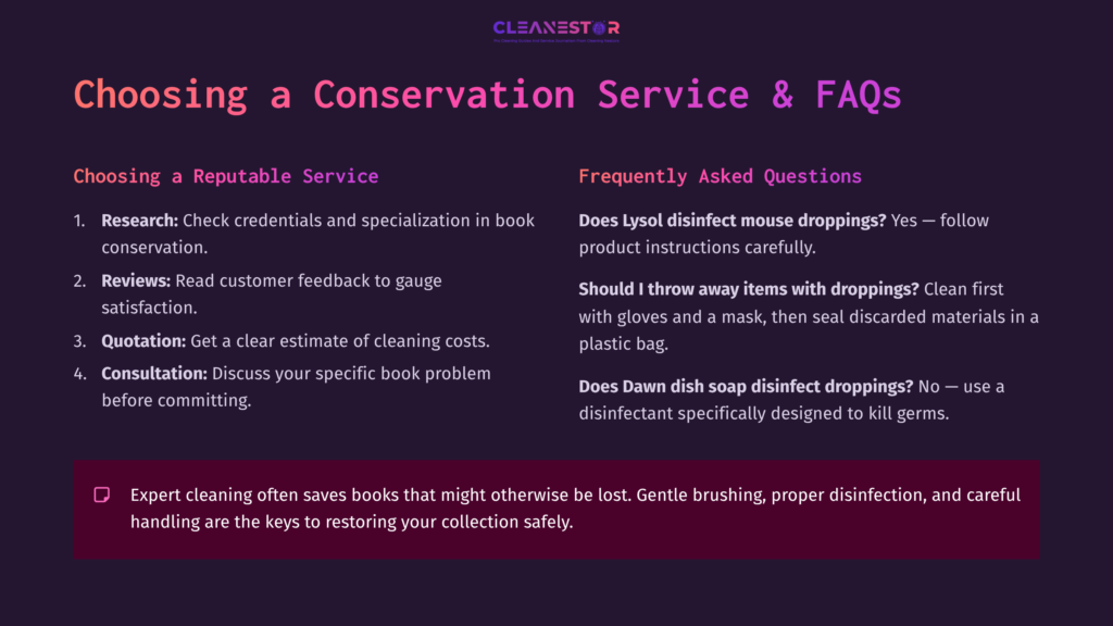 10 Choosing A Conservation Service And Faqs Dark Purple Background With White And Pink Text Outlining Conservation Services And Faqs About Cleaning Books, Including Mouse Droppings.