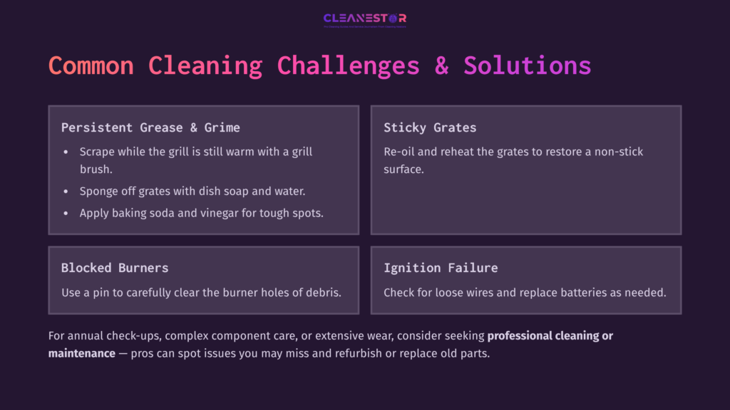 Four Colorful Boxes On A Dark Background Outline Common Cleaning Challenges And Solutions For Grills, With Clear Headings And Tips.