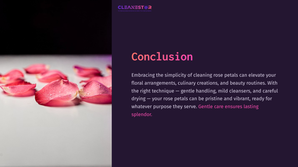 10 Conclusion Scattered Pink Rose Petals On A Light Surface, With A Dark Background And Text Highlighting Cleaning Techniques And Care Tips.