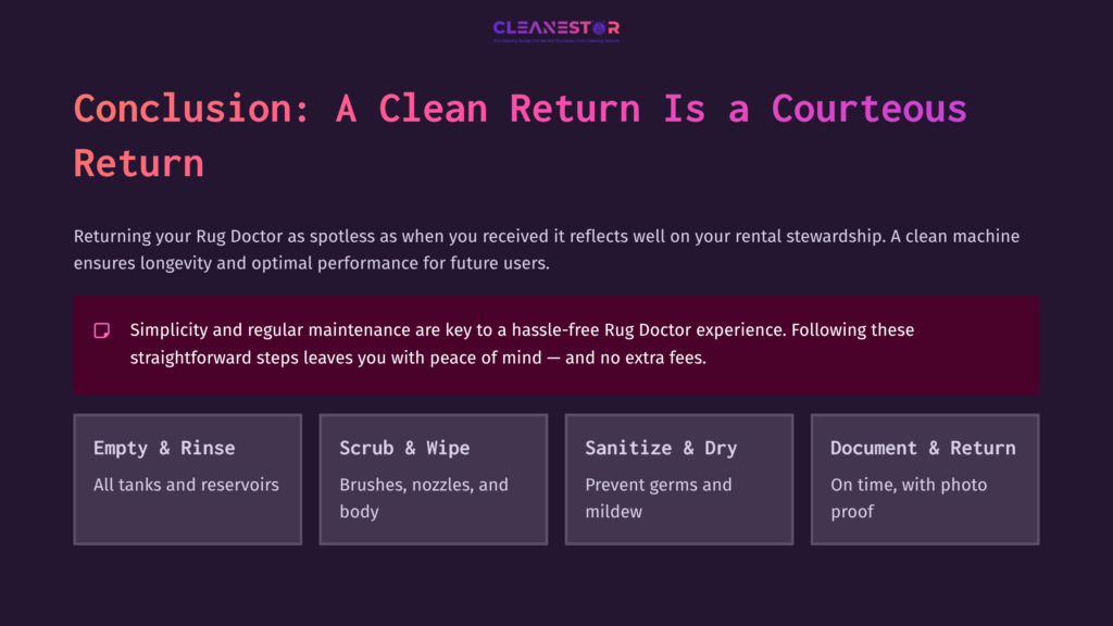 Text On A Dark Purple Background Outlines Steps For Cleaning A Rug Doctor, Highlighted In White And Pink, With Headings In Bold.