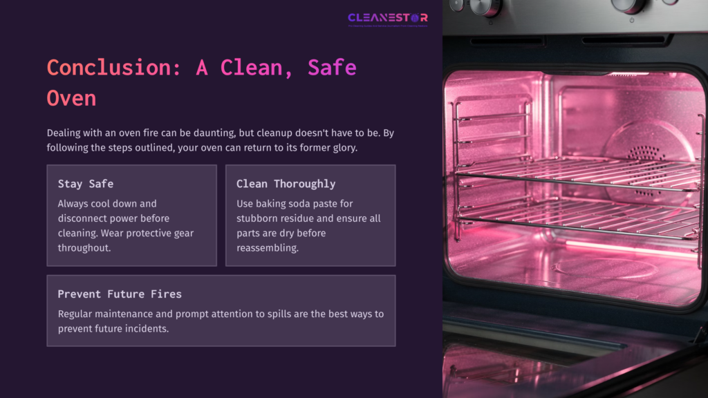 10 Conclusion A Clean Safe Oven A Bright Pink-Lit Oven Interior With A Clean Rack, Surrounded By Safety And Cleaning Tips In Bold Text On The Left Side.