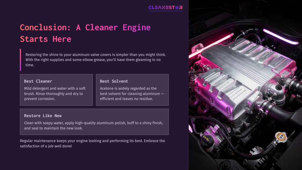 A Silver Aluminum Valve Cover In An Engine Bay, Illuminated By Purple And Pink Lights, With Surrounding Informational Text.