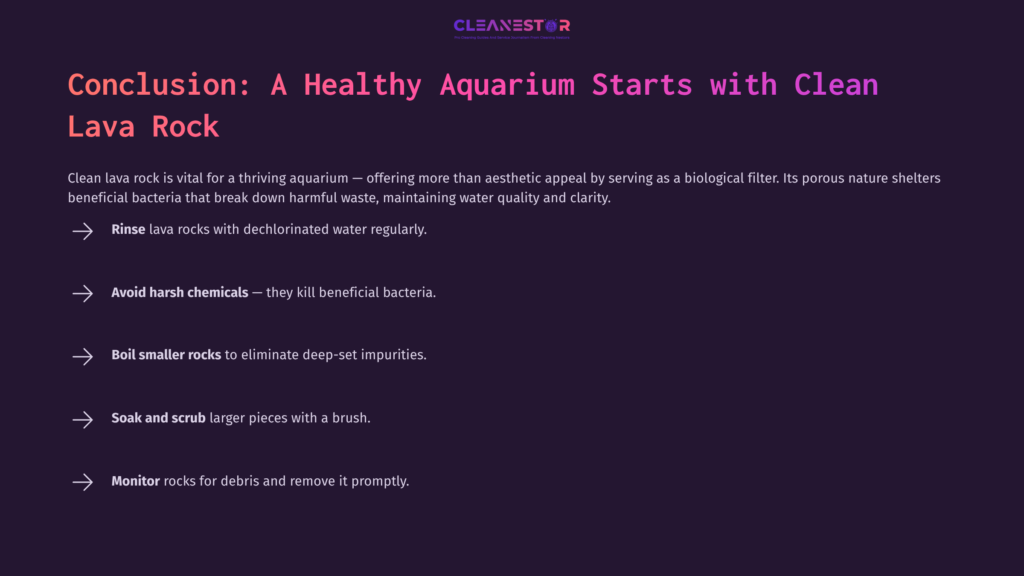 Text On A Dark Purple Background Listing Steps For Cleaning Lava Rock In An Aquarium, Emphasizing The Importance Of Water Quality And Maintenance.