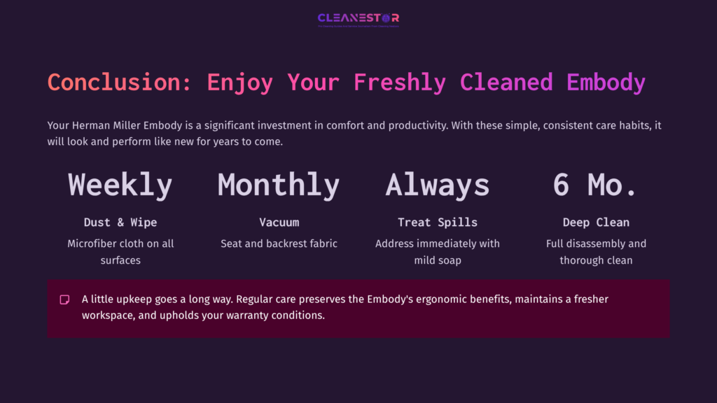 10 Conclusion Enjoy Your Freshly Cleaned Embody Text-Based Graphic With A Purple Background Detailing Cleaning Tips For A Herman Miller Embody Chair, Emphasizing Weekly, Monthly, And Ongoing Care.