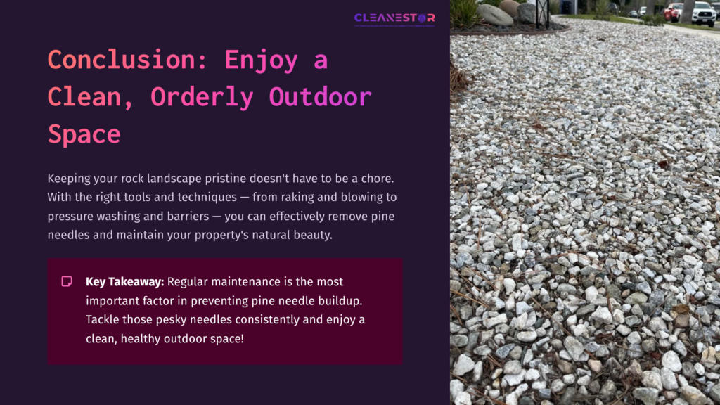 10 Conclusion Enjoy A Clean Orderly Outdoor Space A Pathway Covered In White Rocks With Scattered Pine Needles, Surrounded By Greenery And Landscaping Features.