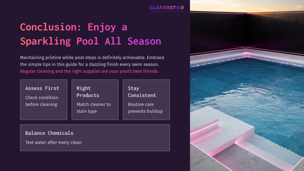 10 Conclusion Enjoy A Sparkling Pool All Season A Modern Pool With Illuminated White Steps, Surrounded By A Dark, Stylish Patio; A Guide With Tips On Pool Care Is Visible On The Side.