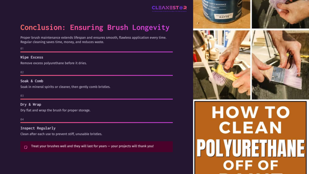 A Clean Brush Being Rinsed With Water, Alongside A Can Of Polyurethane And Instructions For Brush Care On A Contrasting Background.