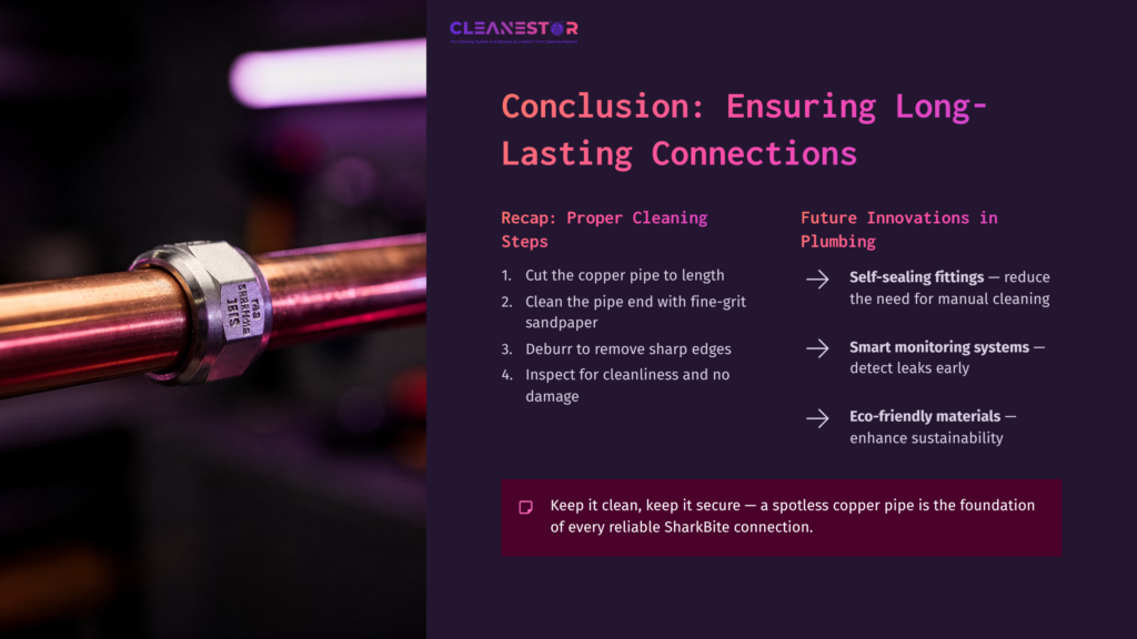 Copper Pipes With A Sharkbite Fitting Are Shown, Alongside Text Summarizing Cleaning Steps And Future Plumbing Innovations, On A Dark Background.