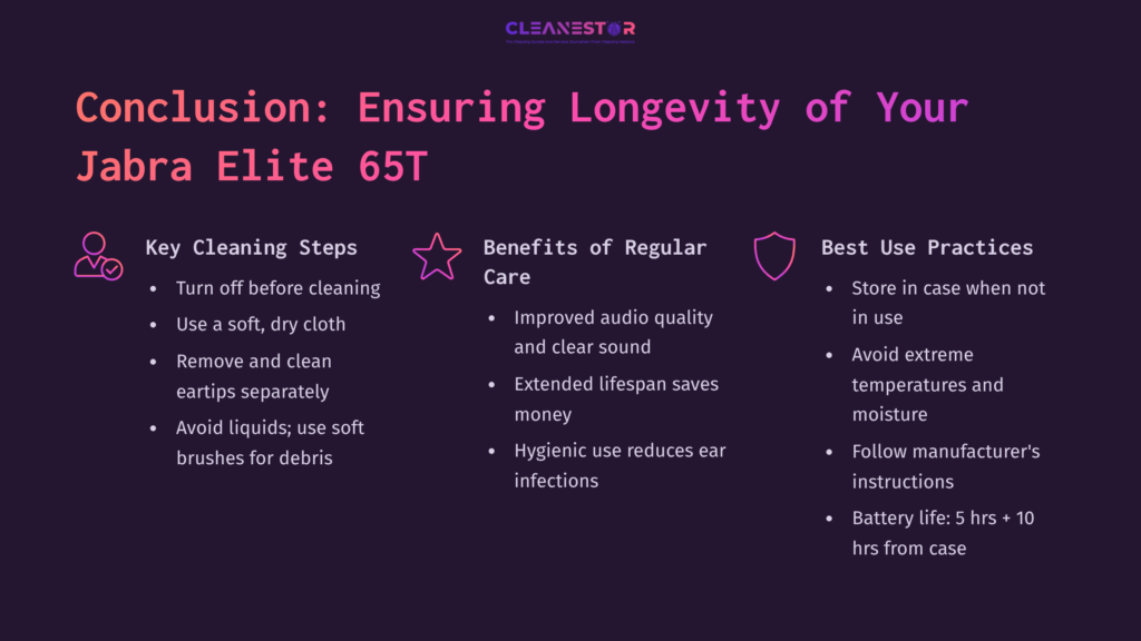 Text-Based Infographic With A Dark Purple Background Outlining Key Steps, Benefits, And Best Practices For Cleaning Jabra Elite 65T Earbuds In White And Pink Text.