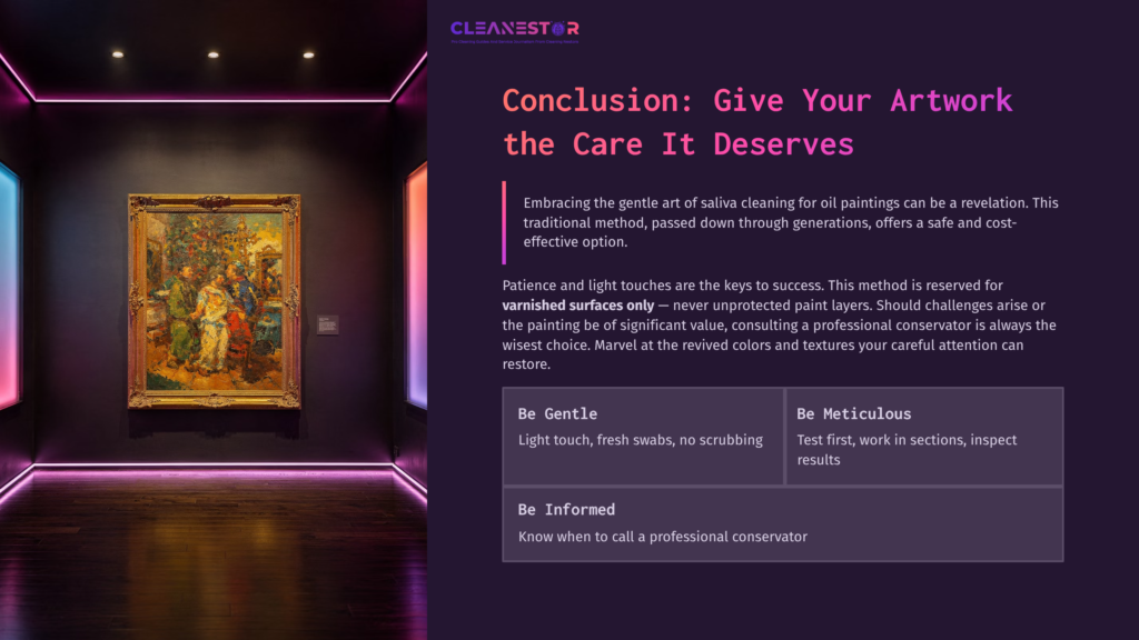 A Framed Oil Painting In A Gallery With Purple Lighting, Highlighting Its Ornate Frame, Accompanied By Cleaning Tips In A Bold Layout.