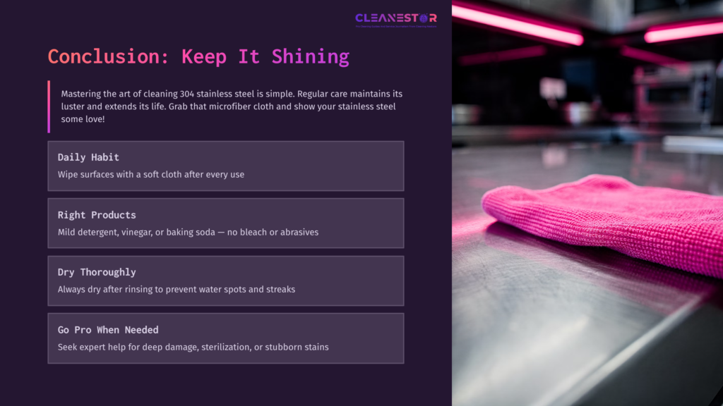 Conclusion Section On Cleaning 304 Stainless Steel, Featuring A Pink Microfiber Cloth, Text Boxes With Cleaning Tips, And Vibrant Lighting.