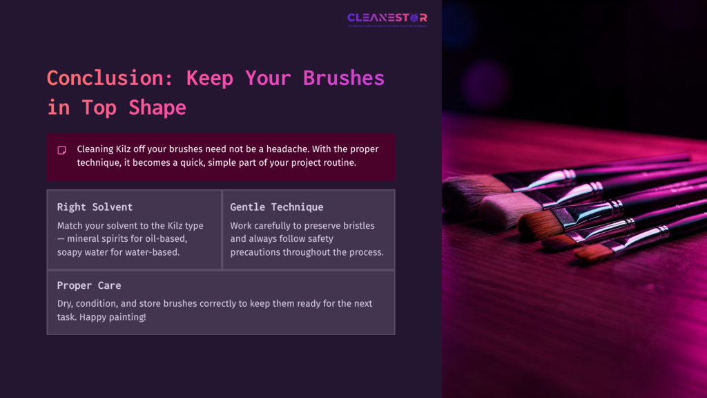 Dark Background With Text On Brush Cleaning Tips; Features Paintbrushes On A Table, Emphasizing Maintenance With A Gentle Technique.