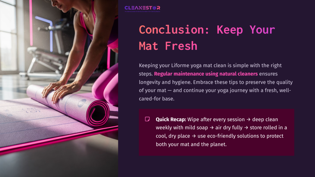 A Person Cleaning A Liforme Yoga Mat On A Pink Surface, Surrounded By Tips On Maintaining Mat Cleanliness And Care.