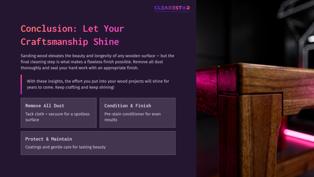 A Polished Wooden Surface With A Vibrant Purple Overlay, Featuring Sections On Cleaning, Conditioning, And Maintaining Wood.