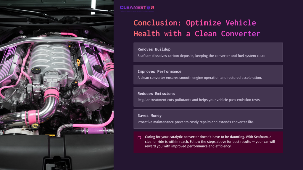 Close-Up Of A Shiny Car Engine With Pink Hoses, Accompanied By Informative Text About The Benefits Of Cleaning A Catalytic Converter.