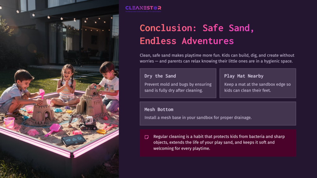 Children Happily Play In A Sandbox, Building Sandcastles And Exploring, With Tips For Cleaning Play Sand Highlighted Alongside.