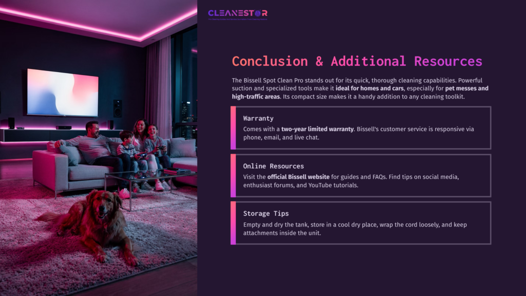 Living Room Scene Featuring A Pet Dog, Soft Lighting, And Modern Furniture. Text Highlights Warranty, Online Resources, And Storage Tips.