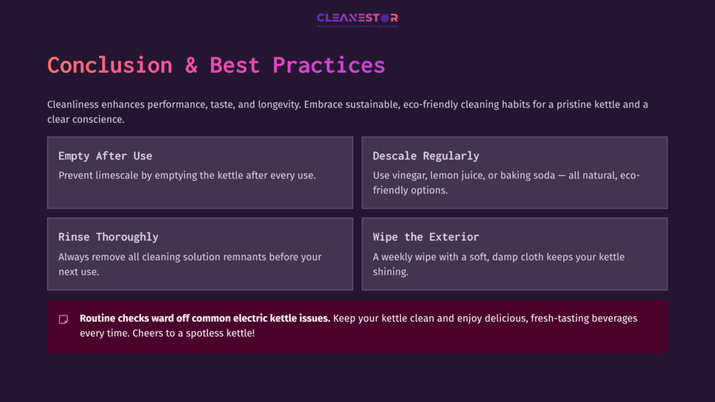 Conclusion Slide Featuring A Purple Background With White Text. Lists Cleaning Tips For Electric Kettles: Empty, Descale, And Wipe Exterior.
