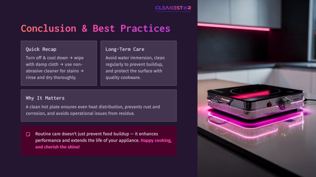 A Sleek Electric Hot Plate With A Pink Glow, Surrounded By Cleaning Tips In A Purple Layout, Emphasizing Maintenance And Care Practices.