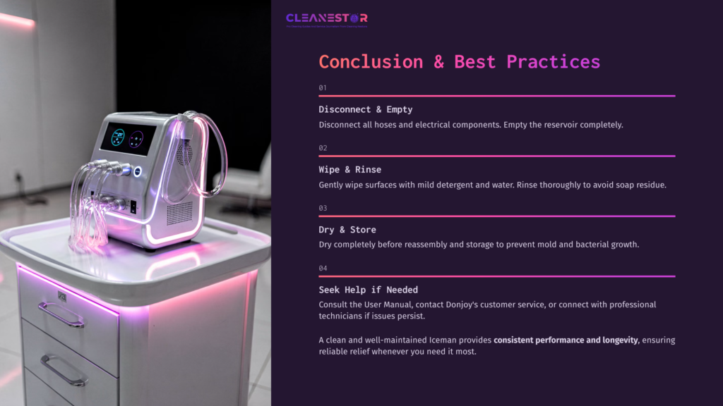 Donjoy Iceman Device On A Sleek White Cart With Pink Lighting, Featuring Instructions For Cleaning And Maintenance In A Modern Layout.