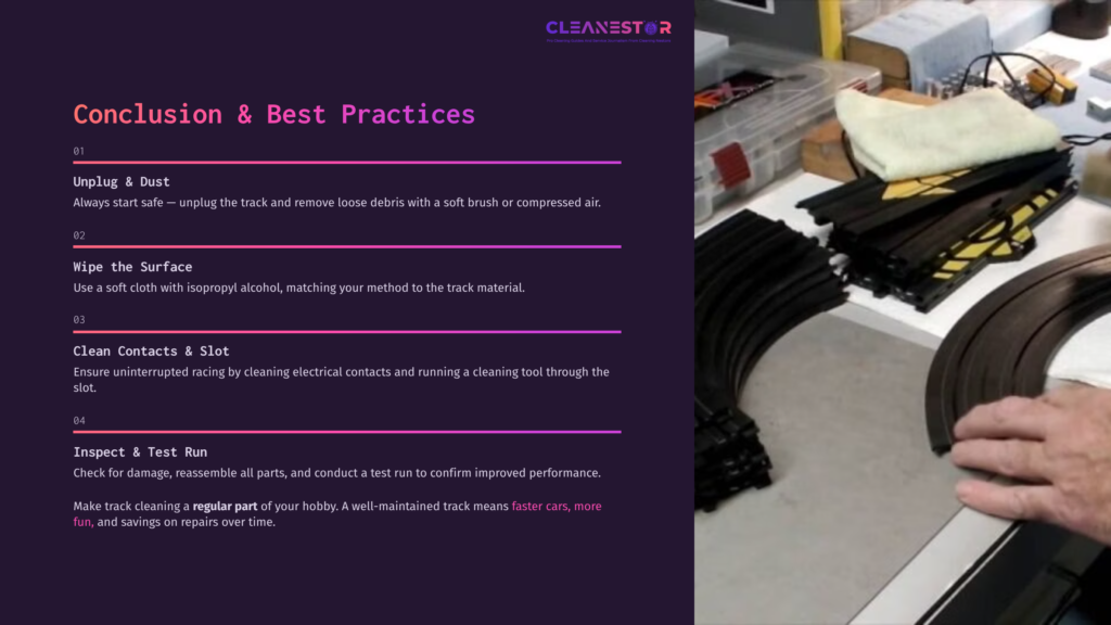 10 Conclusion And Best Practices 4 Colorful Slot Car Track Segments Are Shown Alongside Cleaning Tools, With A Description Of Best Practices For Maintenance.