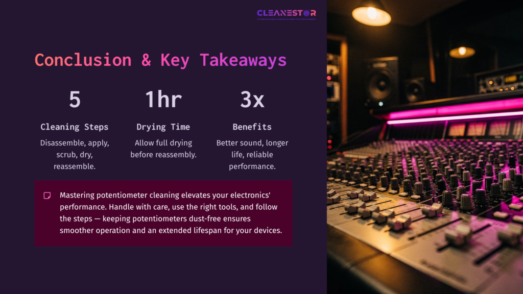 Graphic With A Purple Background Featuring A Conclusion Section On Potentiometer Cleaning, Alongside A Dj Mixer And Vibrant Lighting Elements.