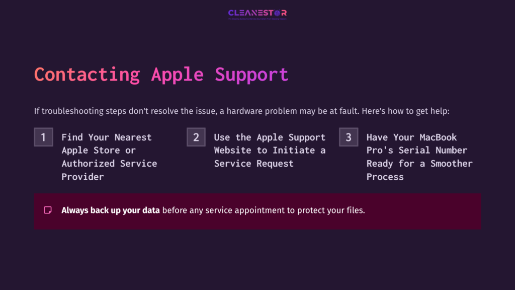 Text Instructions For Contacting Apple Support, With A Purple Background. Steps Include Finding A Service Location, Using The Website, And Backing Up Data.