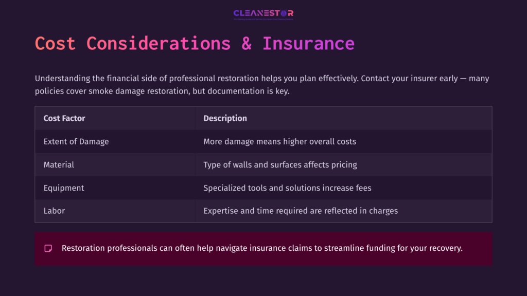 Table Detailing Cost Factors For Smoke Damage Restoration, Including Damage Extent, Material Type, Expertise, And Labor Time, With A Dark Background.