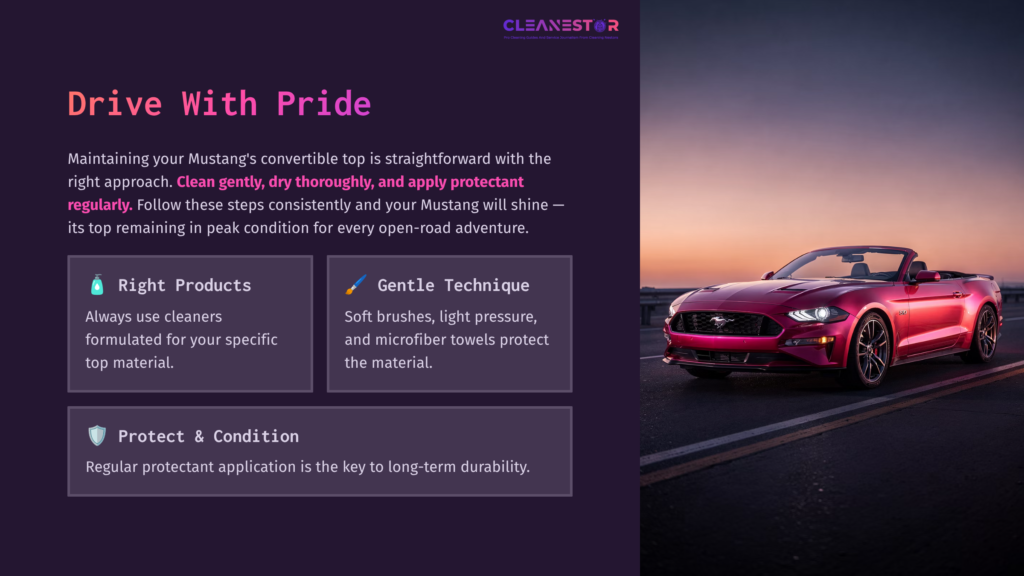 10 Drive With Pride A Red Mustang Convertible Parked On A Coastal Road At Sunset, Featuring A Dark Purple Background With Cleaning Tips Beside It.
