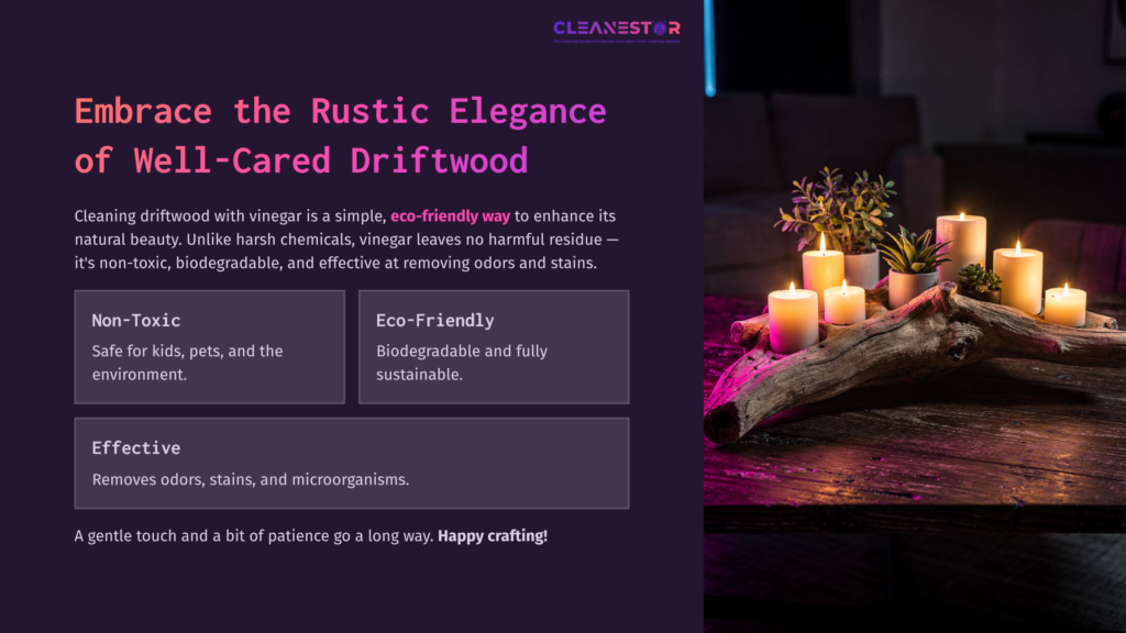 A Piece Of Driftwood Adorned With Candles, Set On A Dark Surface With A Purple Background Featuring Eco-Friendly Cleaning Tips.