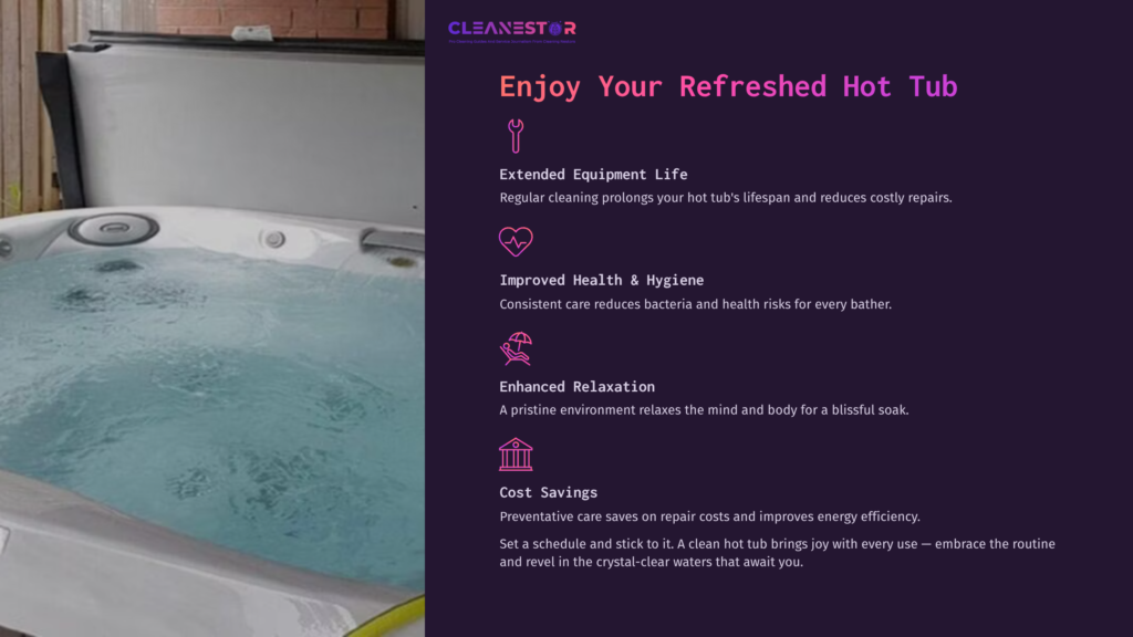 A Clean, Inviting Hot Tub With Clear Water, Surrounded By A Modern Setting. Text Highlights The Benefits Of Regular Maintenance.