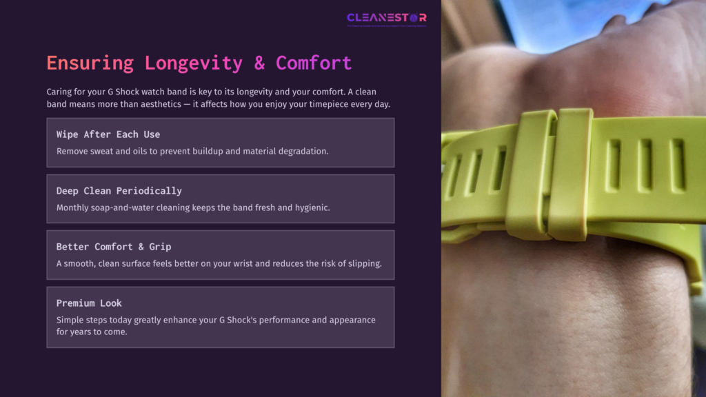10 Ensuring Longevity And Comfort Yellow G Shock Watch Band On A Wrist, With Text Highlighting Cleaning Tips For Longevity And Comfort In A Purple And Gray Layout.