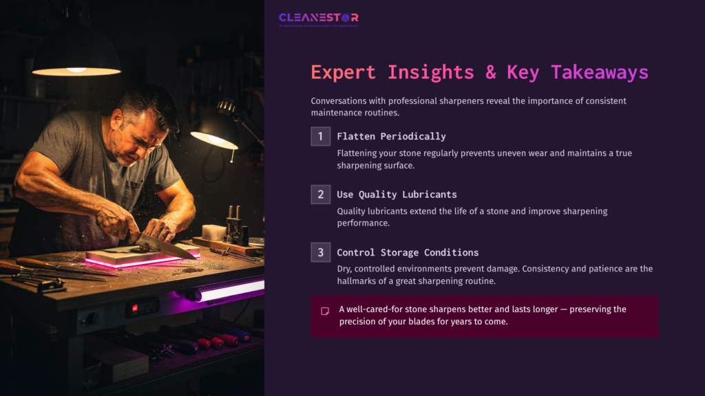 A Person Uses A Sharpening Stone At A Workbench, Surrounded By Tools, With Purple Lighting Highlighting Maintenance Tips On The Side.