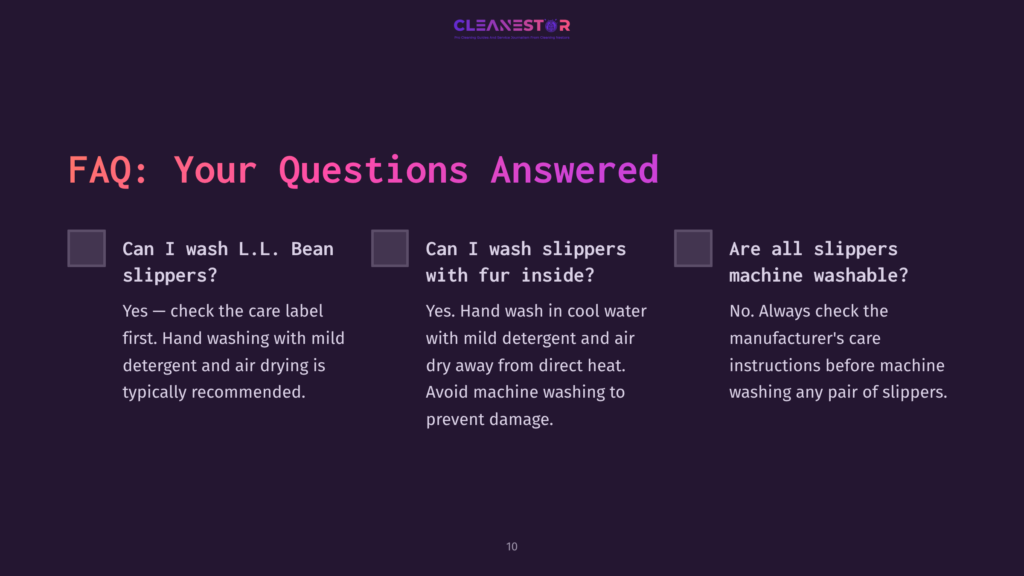 Text On A Dark Background Answers Questions About Cleaning Ll Bean Slippers, Featuring Three Numbered Sections With Checkboxes.