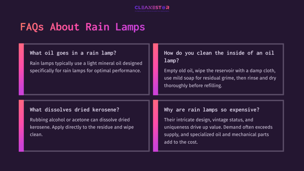 Four Colorful Sections On A Dark Background, Each With A Heading And Text, Addressing Faqs About Rain Lamps And Their Maintenance.