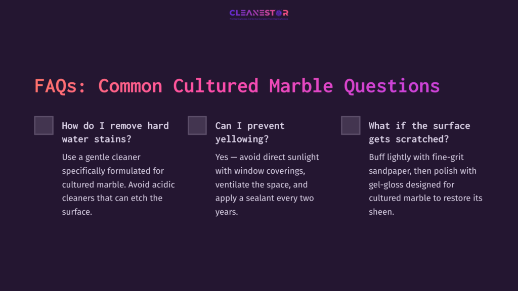 Faqs On Cleaning Cultured Marble, Featuring Text In White And Pink On A Dark Purple Background, Addressing Common Maintenance Questions.