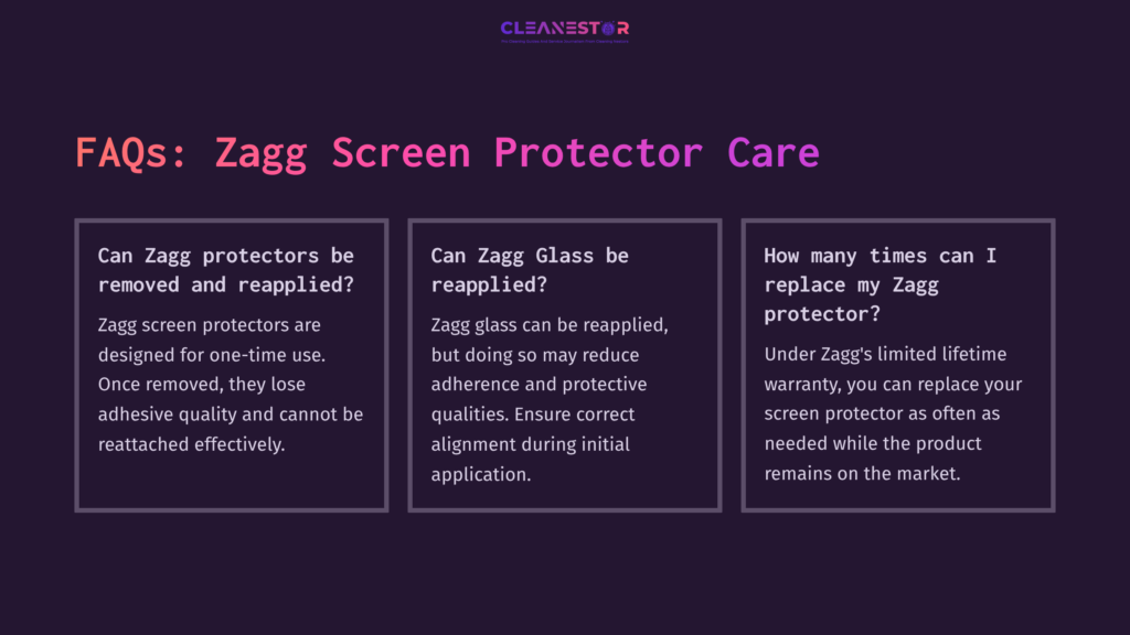10 Faqs Zagg Screen Protector Care Faqs On Zagg Screen Protector Care, With Three Text Panels On A Dark Purple Background Detailing Reapplication And Warranty Info.