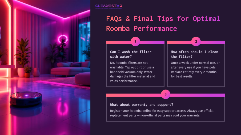 Roomba In A Modern Room With Pink And Blue Lighting, Accompanied By Text Faqs On Filter Cleaning And Maintenance Tips.