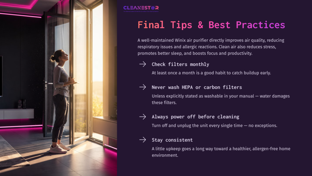10 Final Tips And Best Practices A Person Stands By A Window, Sunlight Streaming In, Reviewing Air Purifier Cleaning Tips Displayed Beside Them In Purple And White Text.