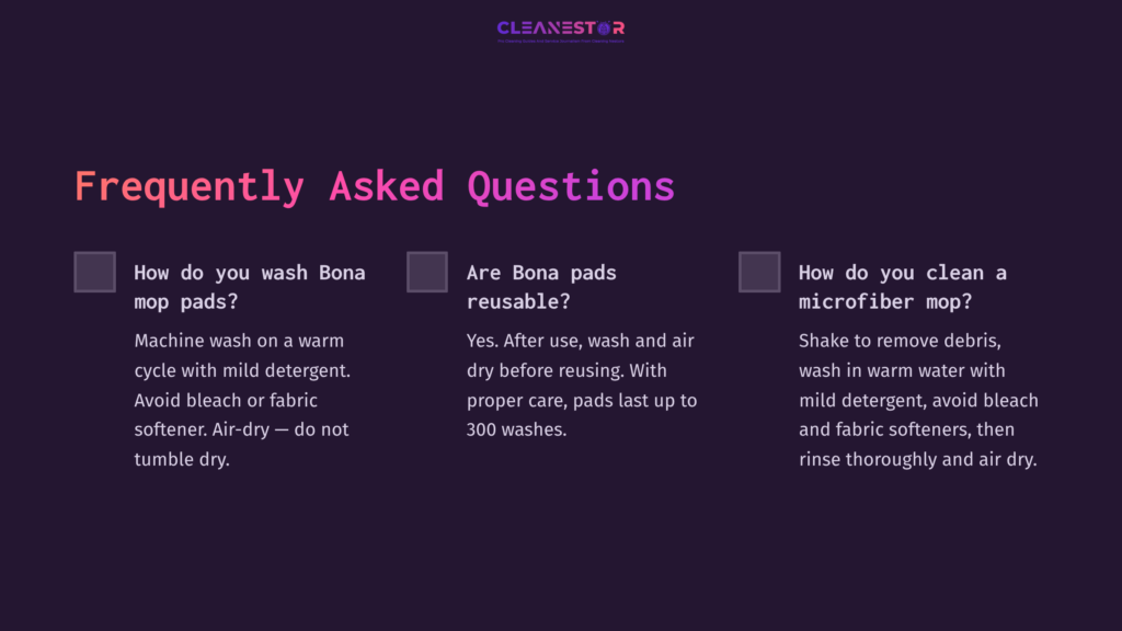 10 Frequently Asked Questions 1 Purple Background With White Text Listing Faqs About Bona Pads, Including Washing Instructions And Reusability, With Checkbox Icons.
