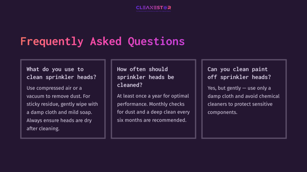 Faqs Section With Three Text Boxes On A Dark Purple Background, Addressing Cleaning Practices For Sprinkler Heads With Simple Formatting.