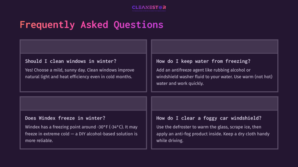 Text Displayed On A Dark Purple Background Titled ‘Frequently Asked Questions’, Featuring White And Pink Text Addressing Winter Window Cleaning Tips.
