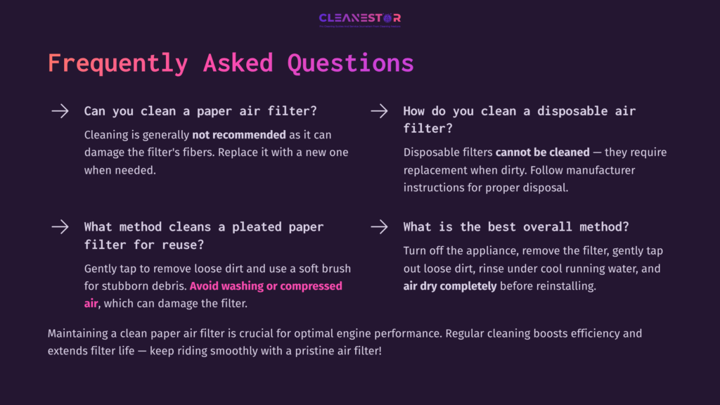 Text On A Purple Background Discusses Cleaning And Maintaining Paper Air Filters. Sections Highlight Faqs And Care Tips, With A Clear Layout.