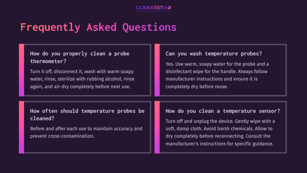 Four Boxes With White Text On A Dark Background Answering Faqs About Cleaning Temperature Probes, Featuring Pink Accent Colors.