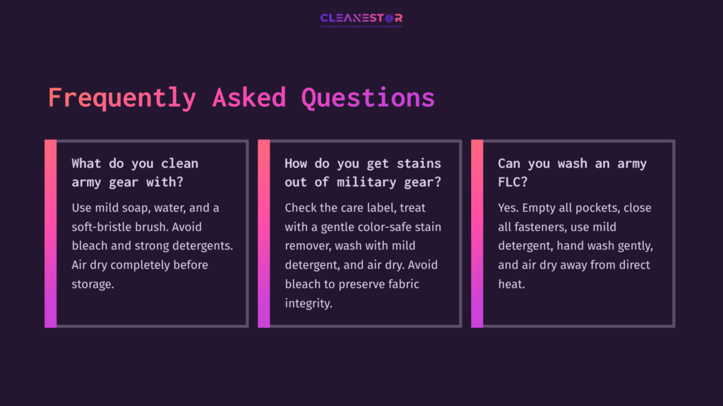 10 Frequently Asked Questions 17 Three Panels With A Dark Background And Vibrant Pink Accents, Featuring Faqs About Cleaning Army Gear, Military Gear Stains, And Washing Flc.