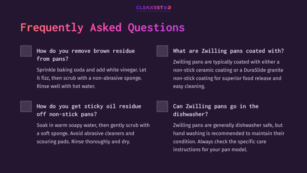10 Frequently Asked Questions 18 Text-Heavy Faq Section On Cleaning Zwilling Pans, Featuring Purple Background, White Text, And Clean, Organized Layout With Checkboxes.