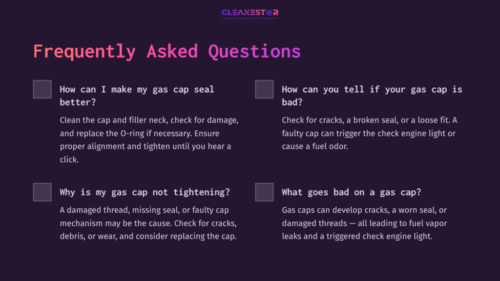 10 Frequently Asked Questions 2 Text In Contrasting Colors On A Purple Background With A Section Labeled &Quot;Frequently Asked Questions,&Quot; Featuring Checkboxes And Key Maintenance Tips For Gas Caps.