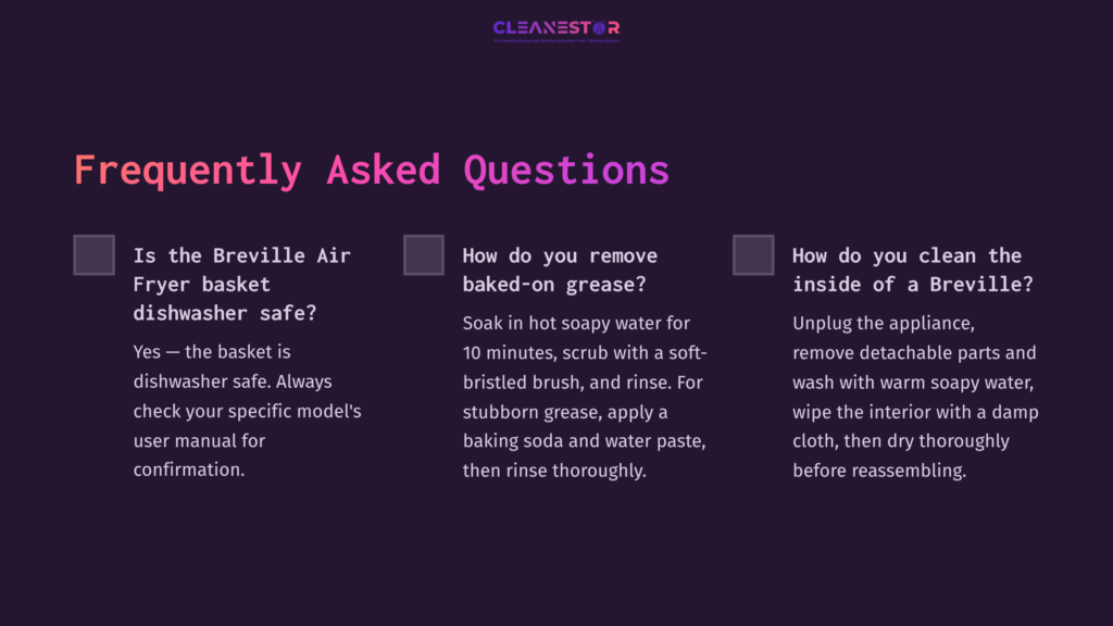 Purple Background With White Text Outlining Faqs About Cleaning The Breville Air Fryer Basket, With Three Boxed Questions Presented.